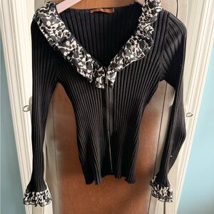 Belldini Black Ribbed Zip-Up Ruffle Trim Top | Size M